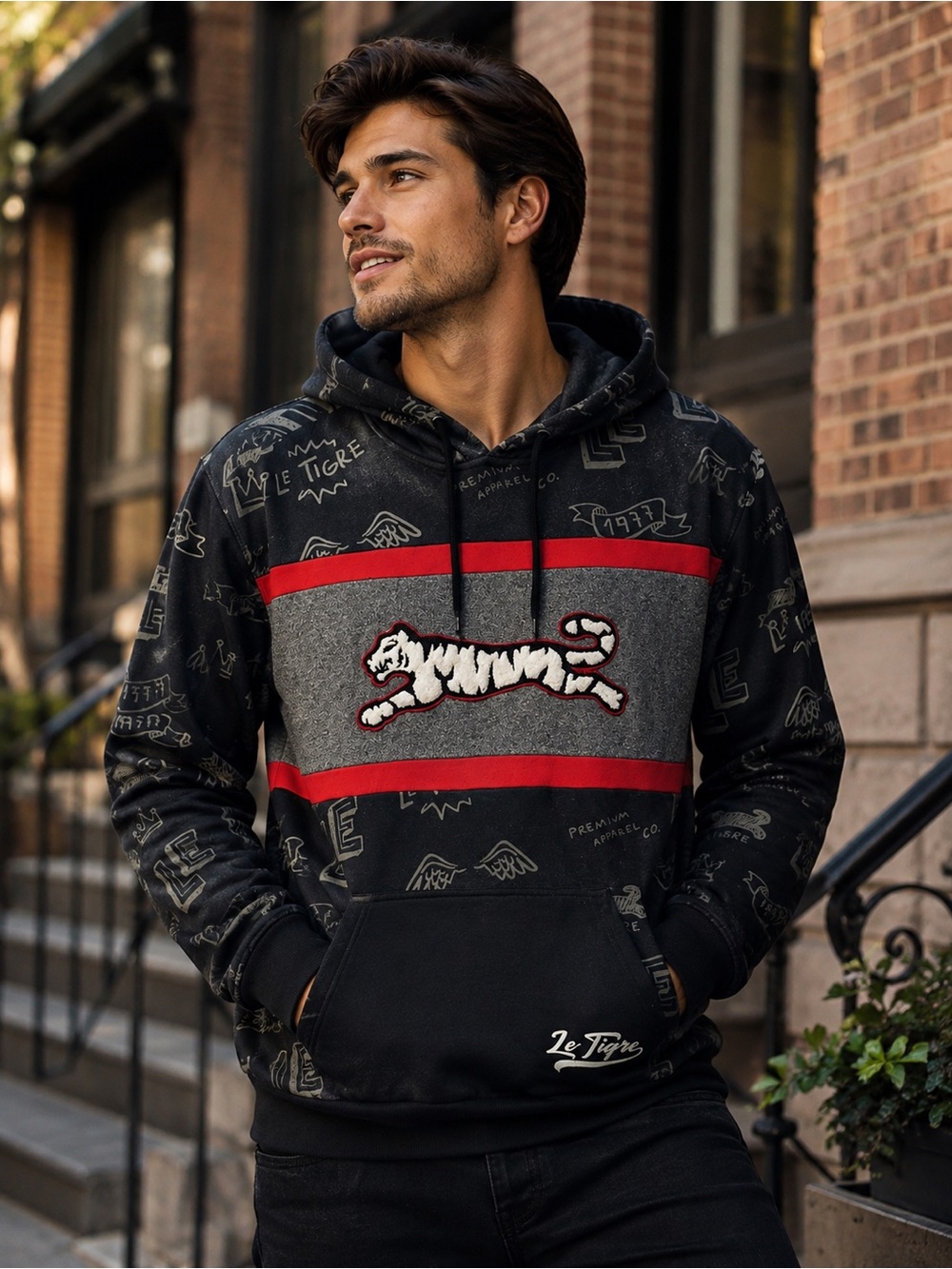 Le Tigre Black Hoodie with Gray Panel and Red Stripes